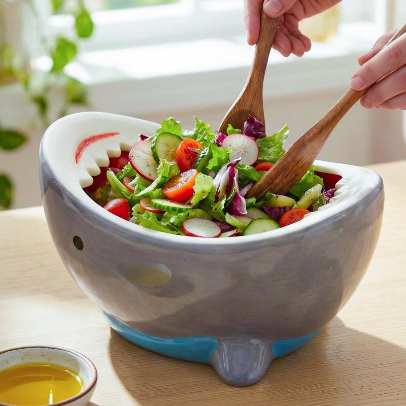 Glazery 40 oz Large Shark Salad Bowl, Handmade Fruit Bowls for Kitchen Counter, Decorative Key Bowl Cute Ceramic Ramen Popcorn Snack Candy Serving Bowls, Unique Funny Shark Gifts Birthday Party Decorations - Image 1