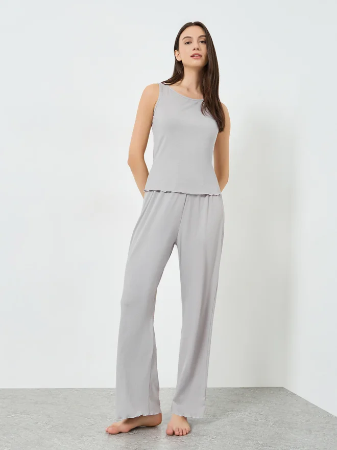 Styli Styli Grey Ribbed Sleeveless Tank and Pyjama Set