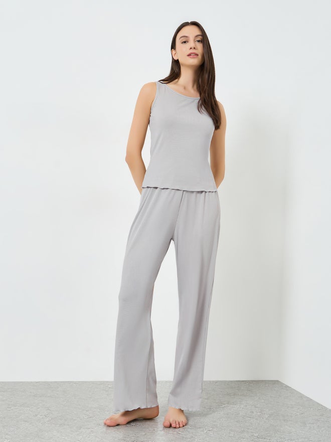 Styli Grey Ribbed Sleeveless Tank and Pyjama Set - Image 1