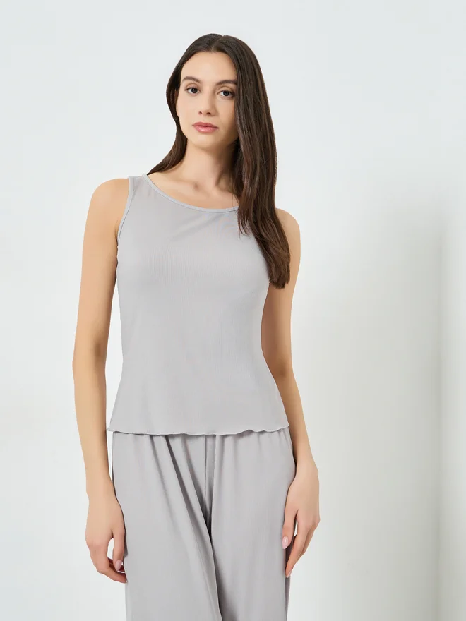 Styli Styli Grey Ribbed Sleeveless Tank and Pyjama Set