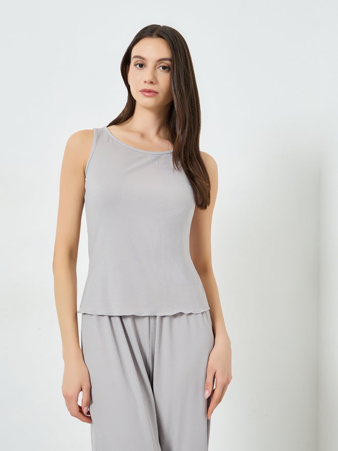 Styli Grey Ribbed Sleeveless Tank and Pyjama Set - Image 2
