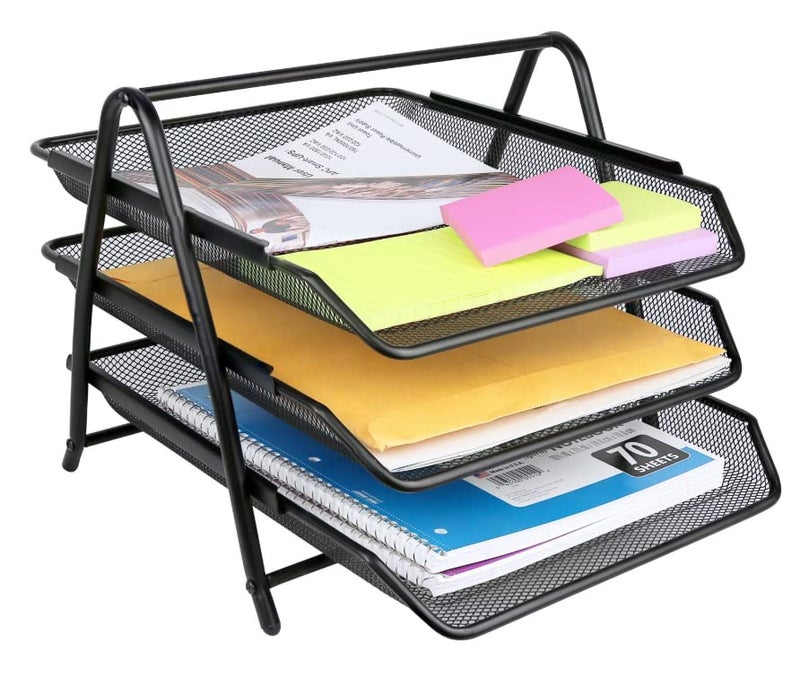 URVINOUS Metal Mesh 3 Tier Document Tray Desktop Organizer/Rack Storage for Home and Office Accessories Files/Documents/Letters/Magazine/Newspaper Holder (3-Tier) - Image 1