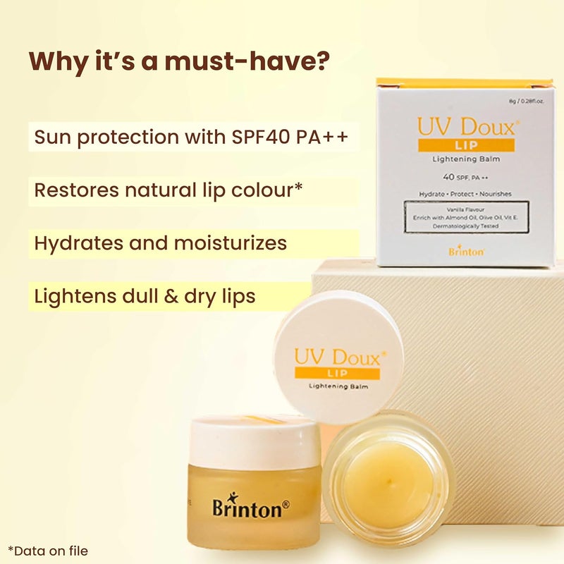 Brinton UV Doux Lip Lightening Balm with SPF 40 PA Enriched with Almond Oil Olive Oil Vitamin E Restores Natural Lip Colour Hydrates Protects Nourishes Expert Care Dermatologically Approved Unisex Lip Balm 8g Vanilla x 2 - Image 2