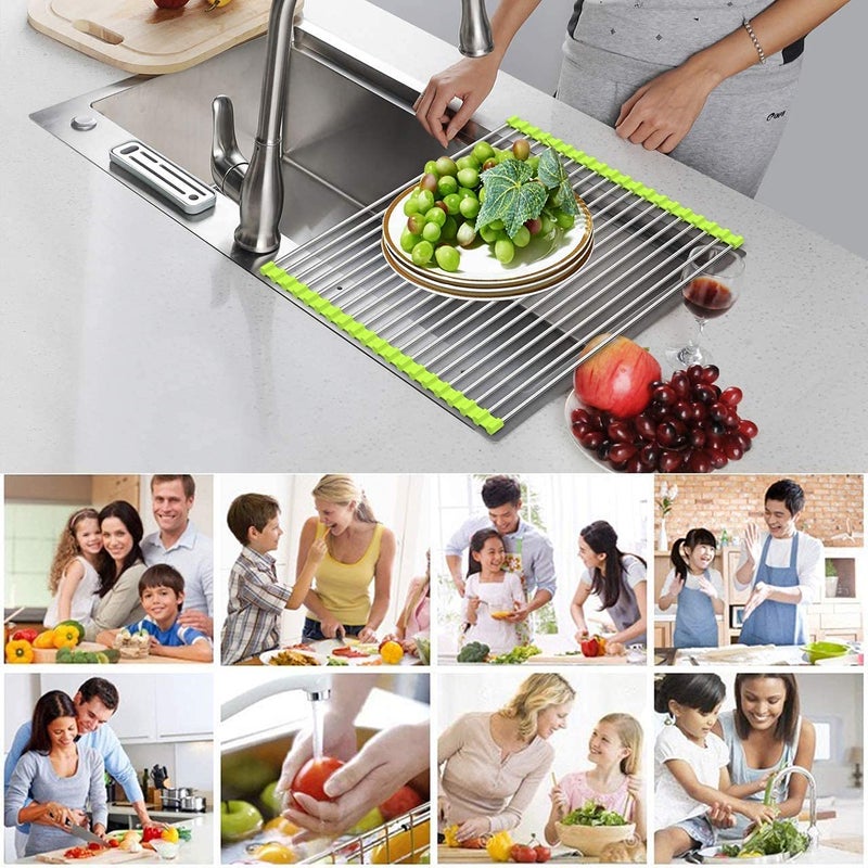 SHFTI Foldable Multipurpose Rollup Stainless Steel Kitchen Organiser Utensils Dish Drying Drainer Rack Mat for Over Sink and FruitVegetable Strainer Colander Green - Image 4