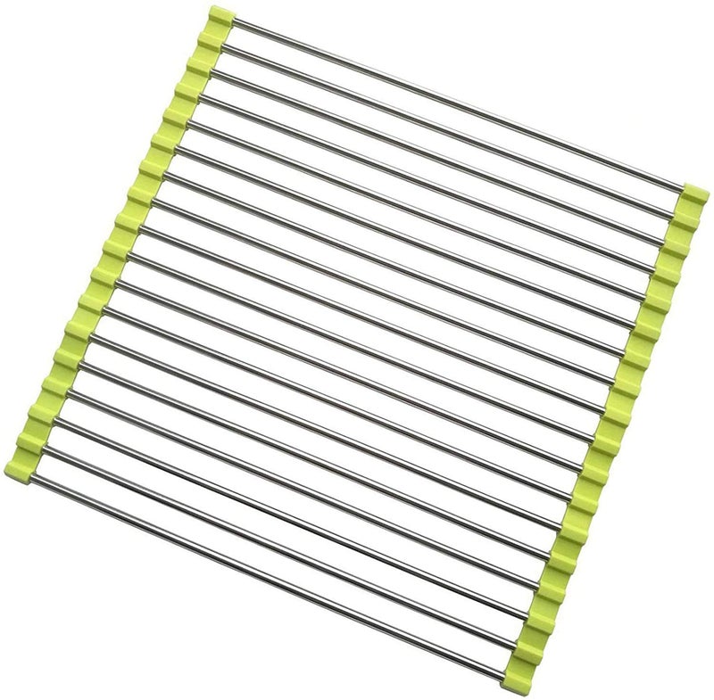 SHFTI Foldable Multipurpose Rollup Stainless Steel Kitchen Organiser Utensils Dish Drying Drainer Rack Mat for Over Sink and FruitVegetable Strainer Colander Green - Image 1
