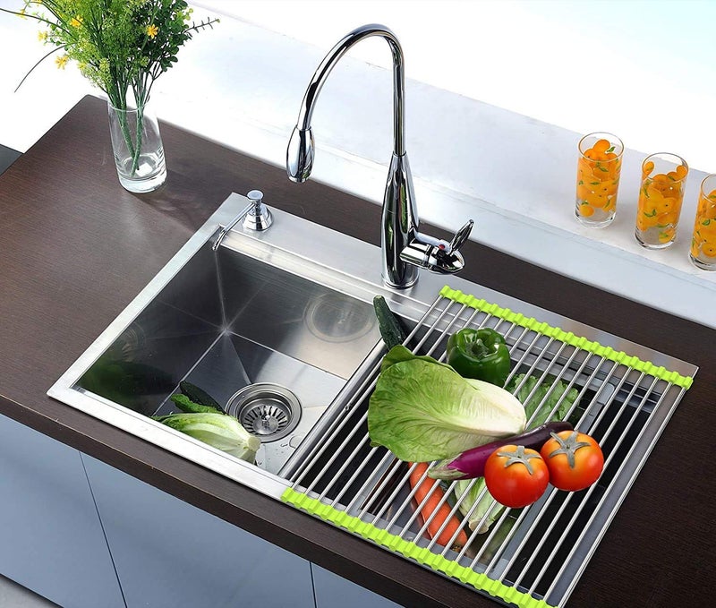 SHFTI Foldable Multipurpose Rollup Stainless Steel Kitchen Organiser Utensils Dish Drying Drainer Rack Mat for Over Sink and FruitVegetable Strainer Colander Green - Image 2