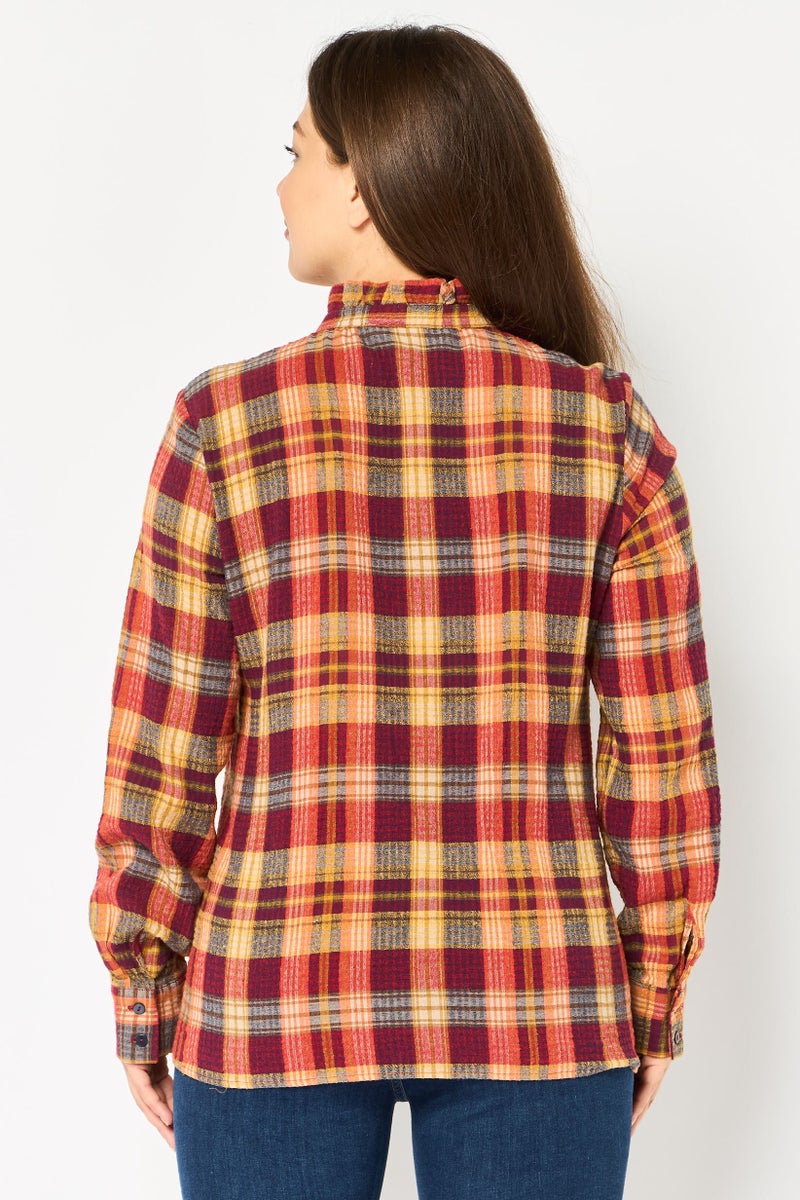 promod Women Ruffle Collar Long Sleeve Plaid Shirt, Multicolor - Image 3