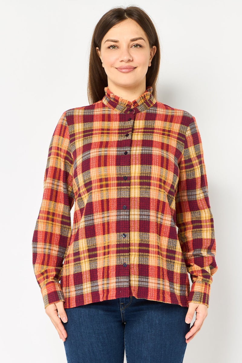 promod Women Ruffle Collar Long Sleeve Plaid Shirt, Multicolor - Image 1