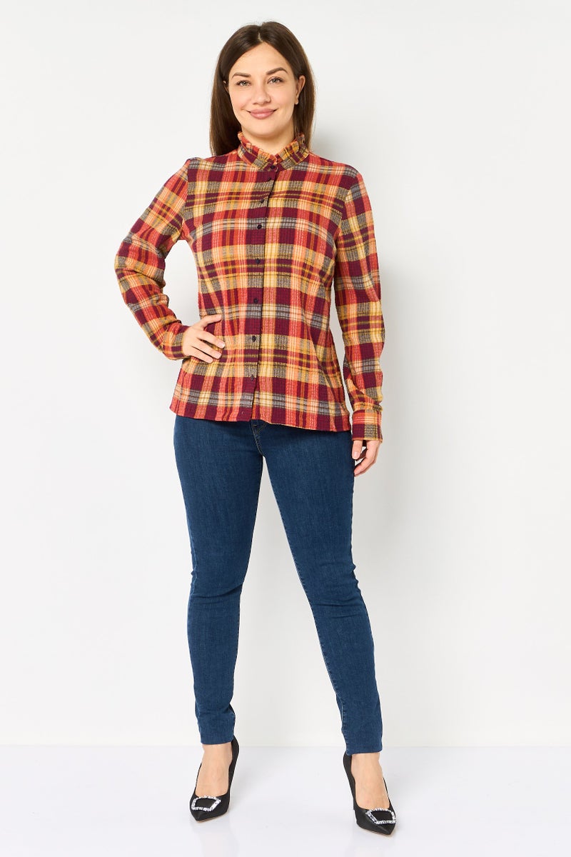 promod Women Ruffle Collar Long Sleeve Plaid Shirt, Multicolor - Image 4