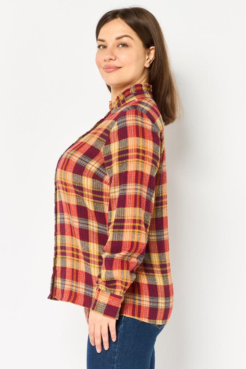promod Women Ruffle Collar Long Sleeve Plaid Shirt, Multicolor - Image 2