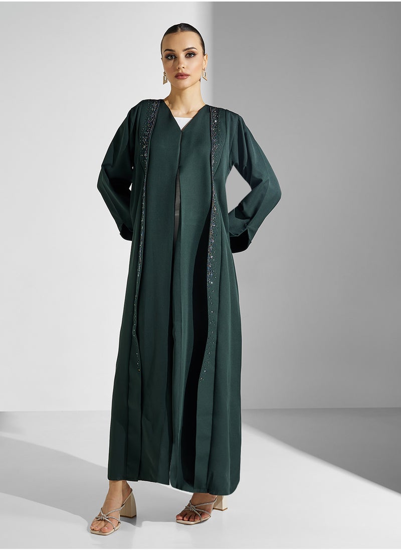 hayas closet - V-Neck Embroidered Flared Sleeve Abaya - Image 1