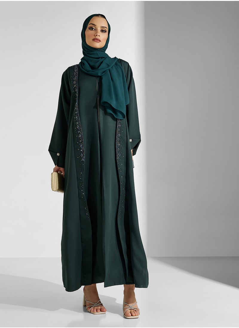 hayas closet - V-Neck Embroidered Flared Sleeve Abaya - Image 1
