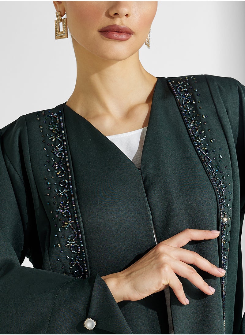hayas closet - V-Neck Embroidered Flared Sleeve Abaya - Image 1