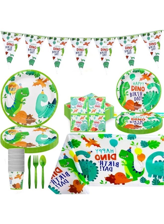 91 PCS Birthday Party Plates - Dinosaur Themed Party Decoration Set, suitable for children. Birthday party supplies include birthday tablecloths, triangular flags, plates, napkins, paper cups, knives and forks, spoons for parties, and baby showers - Image 1