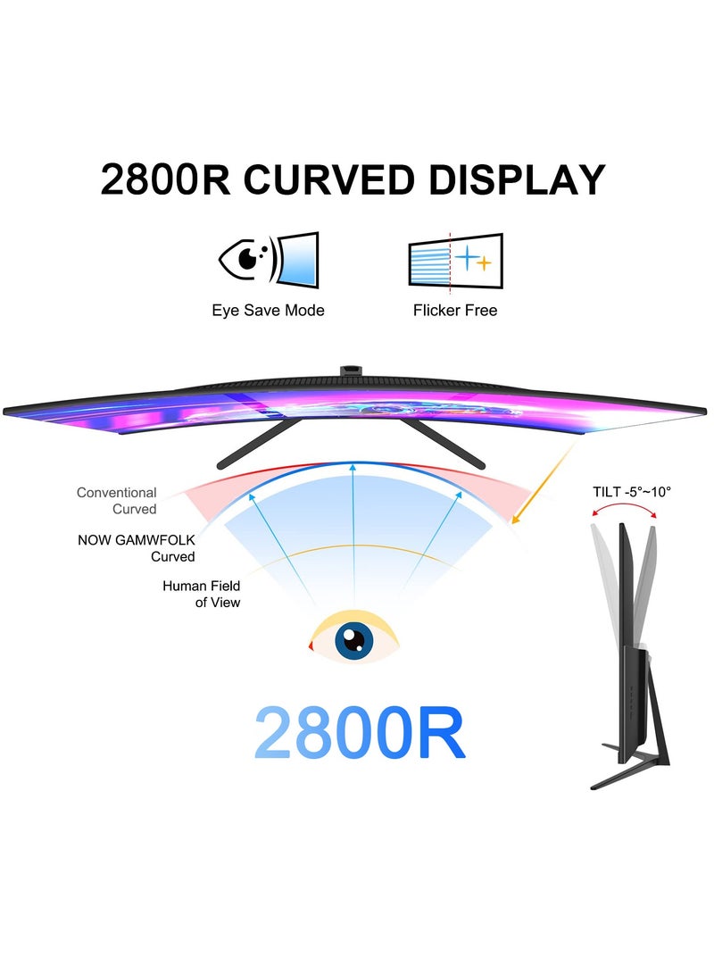 فلاشهوك شاشة ألعاب منحنية مقاس 23.8 بوصة بدقة 1080 بكسل وسرعة تصل إلى 165 هرتز و144 هرتز، ومنفذ DisplayPort HDMI ومكبرات صوت مدمجة، وشاشة تثبيت على الحائط متوافقة مع معايير VESA باللون الأسود - Image 5
