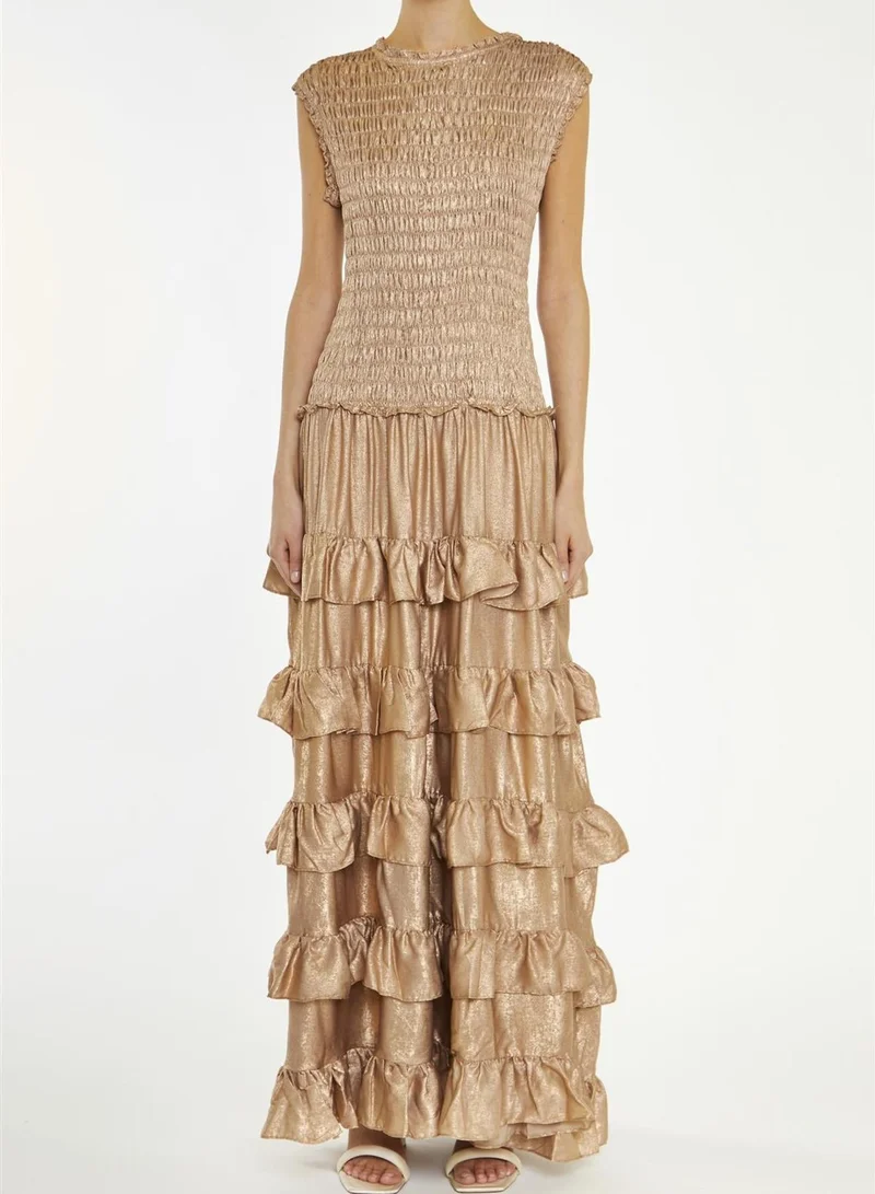 Azaria Dark Metallic-Copper Smocked Dropped-Waist Maxi-Dress