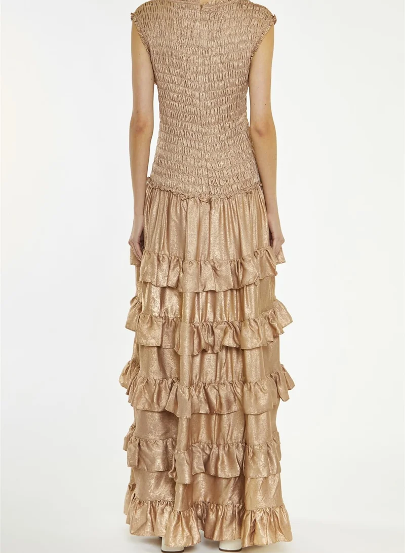 ترو ديكادينس Azaria Dark Metallic-Copper Smocked Dropped-Waist Maxi-Dress