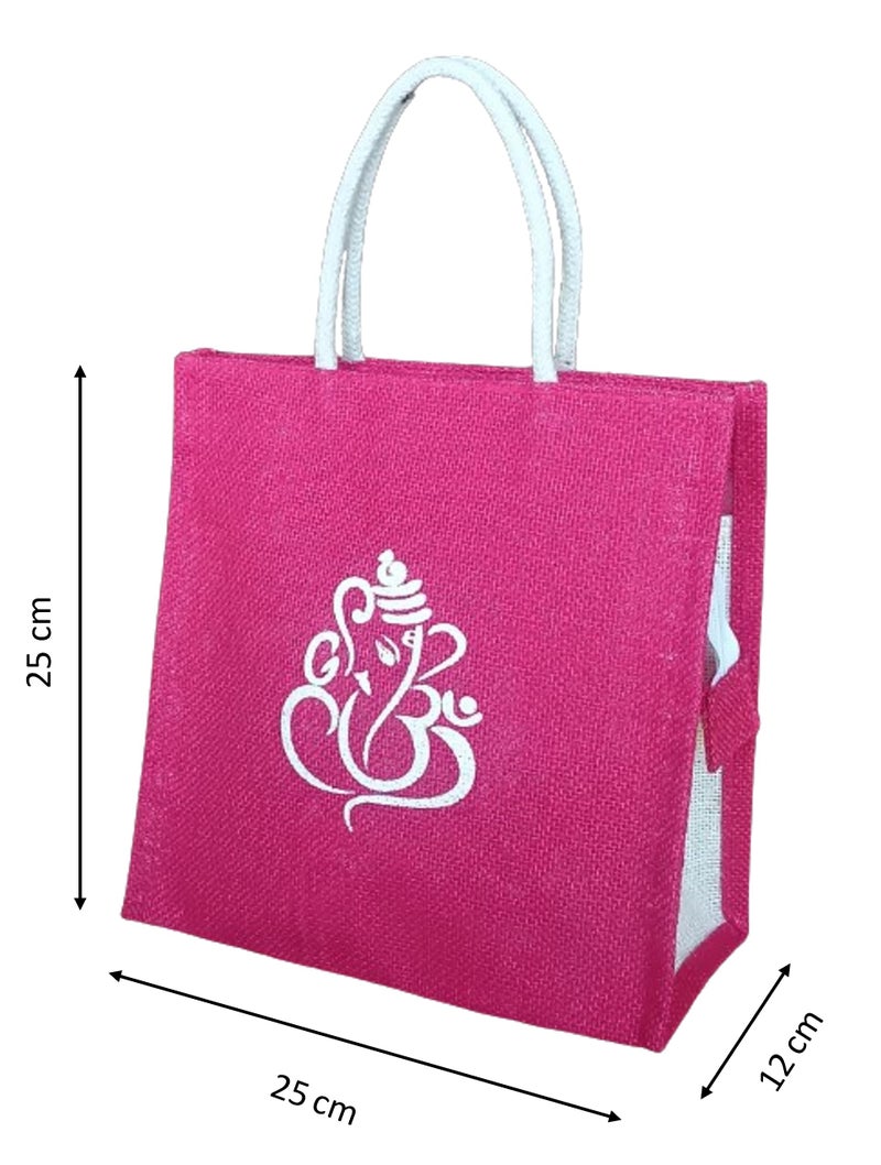 Soman Jute Ecofriendly Return Gift Bags Ganesha Printed with Zip Pink Pack of 10 Bags - Image 4