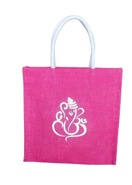 Soman Jute Ecofriendly Return Gift Bags Ganesha Printed with Zip Pink Pack of 10 Bags - Image 3