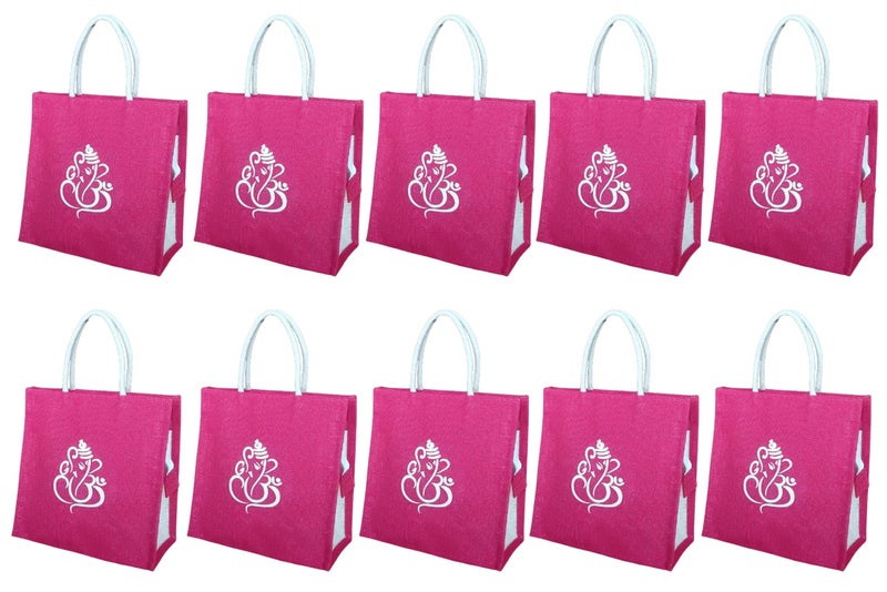 Soman Jute Ecofriendly Return Gift Bags Ganesha Printed with Zip Pink Pack of 10 Bags - Image 1