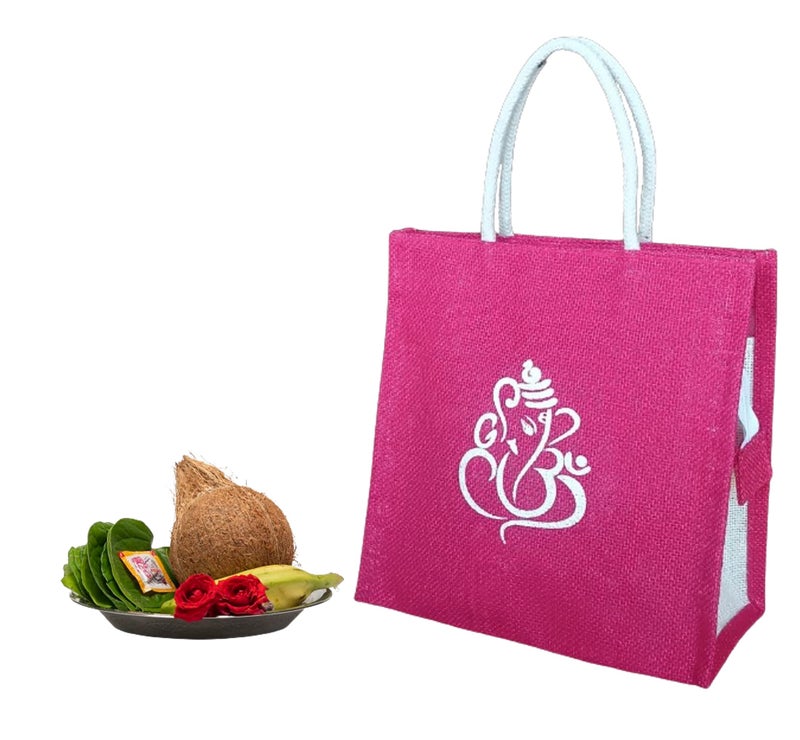 Soman Jute Ecofriendly Return Gift Bags Ganesha Printed with Zip Pink Pack of 10 Bags - Image 5