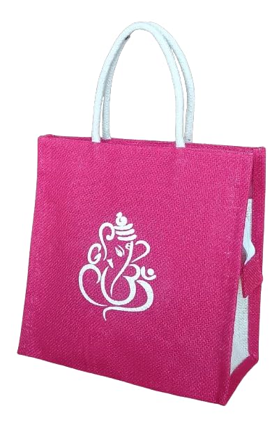 Soman Jute Ecofriendly Return Gift Bags Ganesha Printed with Zip Pink Pack of 10 Bags - Image 2