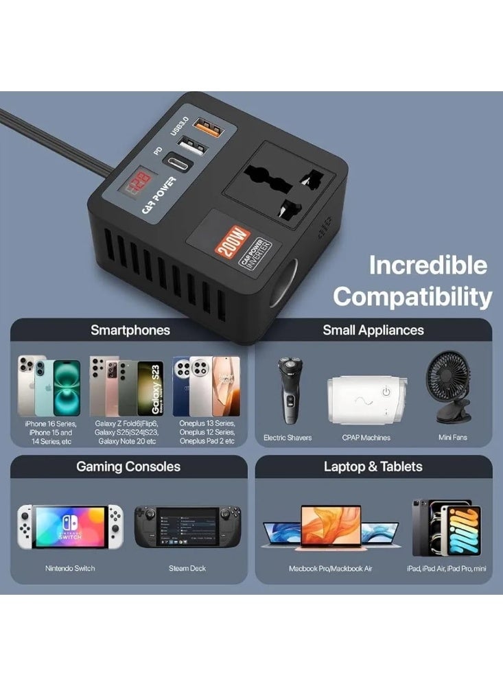 بلو فاير محول طاقة للسيارة 5 في 1 بقدرة 200 واط مع شحن سريع، محول من 12 فولت DC إلى 220 فولت AC، مقبس ثلاثي، منفذا USB، ومنفذ PD بقوة 30 واط، شاحن سيارة محمول لأجهزة اللابتوب والهواتف والأجهزة الإلكترونية - Image 3