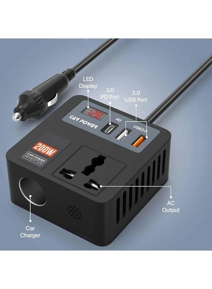 بلو فاير محول طاقة للسيارة 5 في 1 بقدرة 200 واط مع شحن سريع، محول من 12 فولت DC إلى 220 فولت AC، مقبس ثلاثي، منفذا USB، ومنفذ PD بقوة 30 واط، شاحن سيارة محمول لأجهزة اللابتوب والهواتف والأجهزة الإلكترونية - Image 2