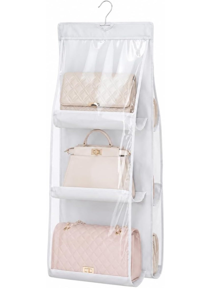 Stylish hanging handbag organizer for closet, transparent storage organizer with three shelves, 35x90 cm, with clear vinyl pockets, 360-degree rotating hook, hanging bag organizer for handbags and accessories, white - Image 1