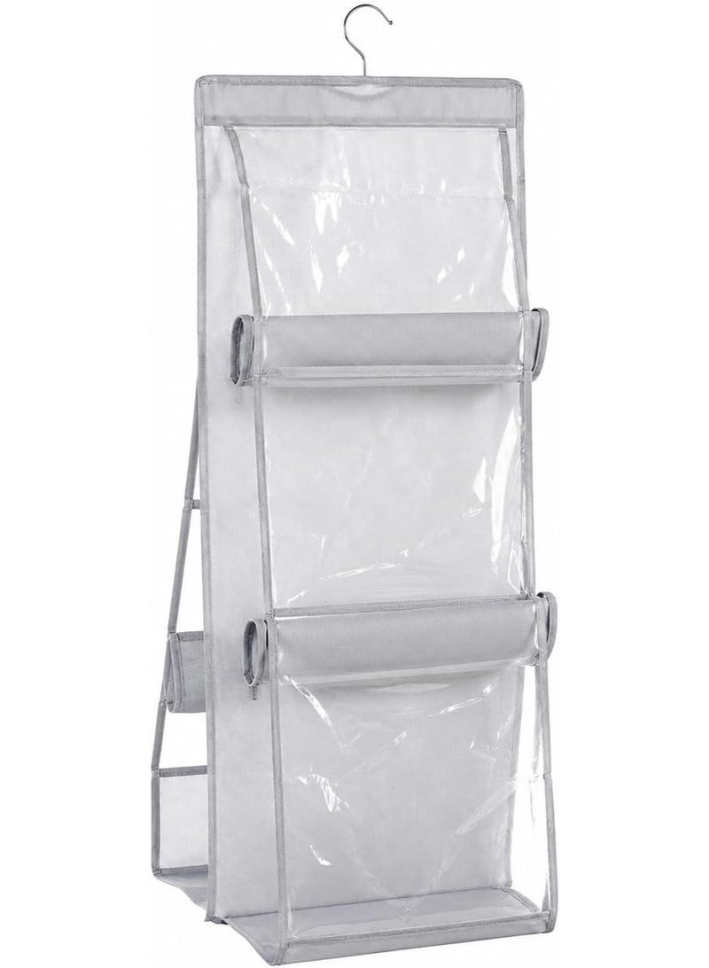 Stylish hanging handbag organizer for closet, transparent storage organizer with three shelves, 35x90 cm, with clear vinyl pockets, 360-degree rotating hook, hanging bag organizer for handbags and accessories, white - Image 4
