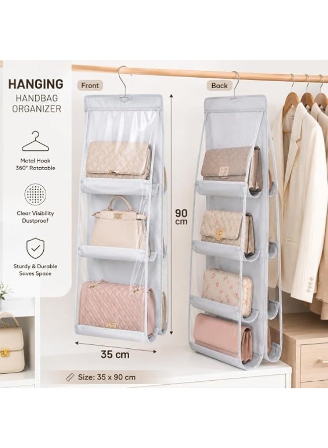 Stylish hanging handbag organizer for closet, transparent storage organizer with three shelves, 35x90 cm, with clear vinyl pockets, 360-degree rotating hook, hanging bag organizer for handbags and accessories, white - Image 3