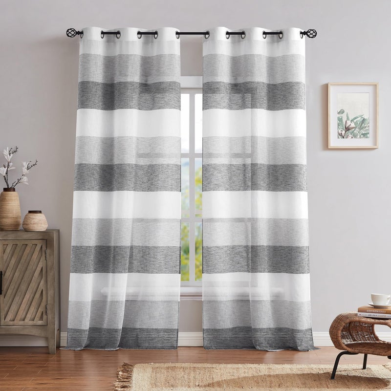 Central Park Gray Charcola Stripe Sheer Color Block Window Curtain Panel Linen Window Treatment for Bedroom Living Room Farmhouse 84 inches Long with Grommets 2 Panel Rustic Drapes