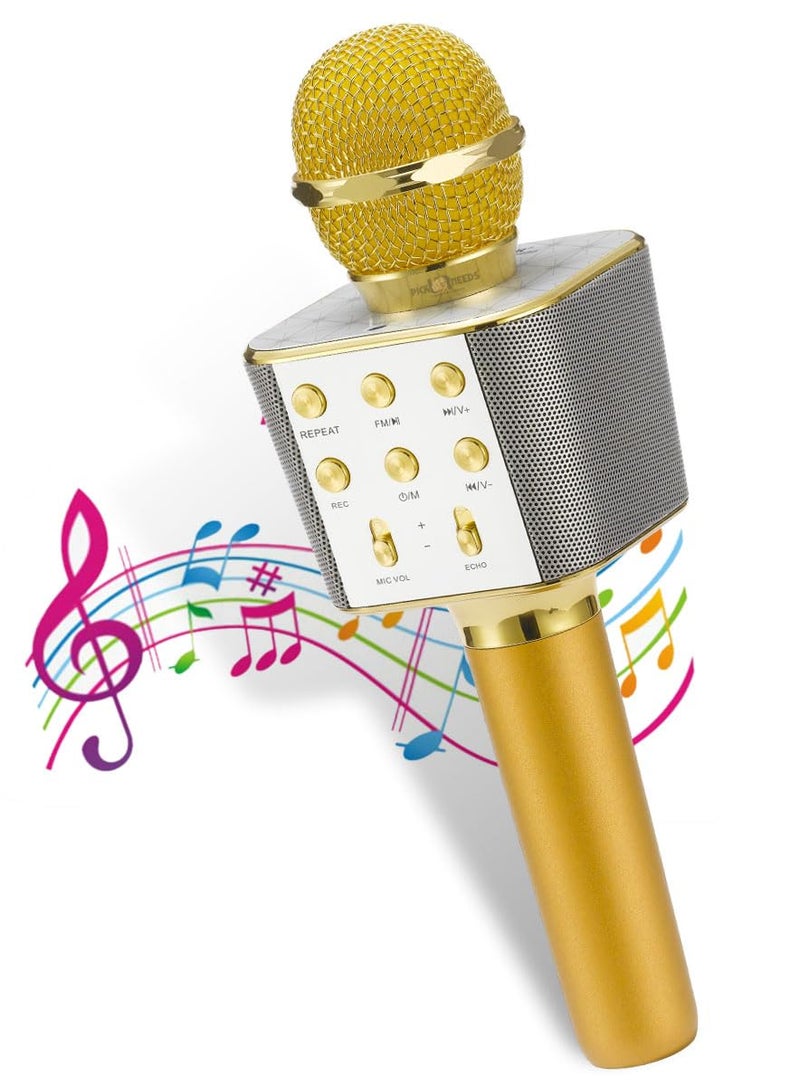 Pick Ur Needs Karaoke Bluetooth Mic Wireless Bluetooth Duplex Microphone Connection Player Speaker 2-in-1 with Recording + USB + FM Microphone Karaoke Mic(Golden) - Image 1