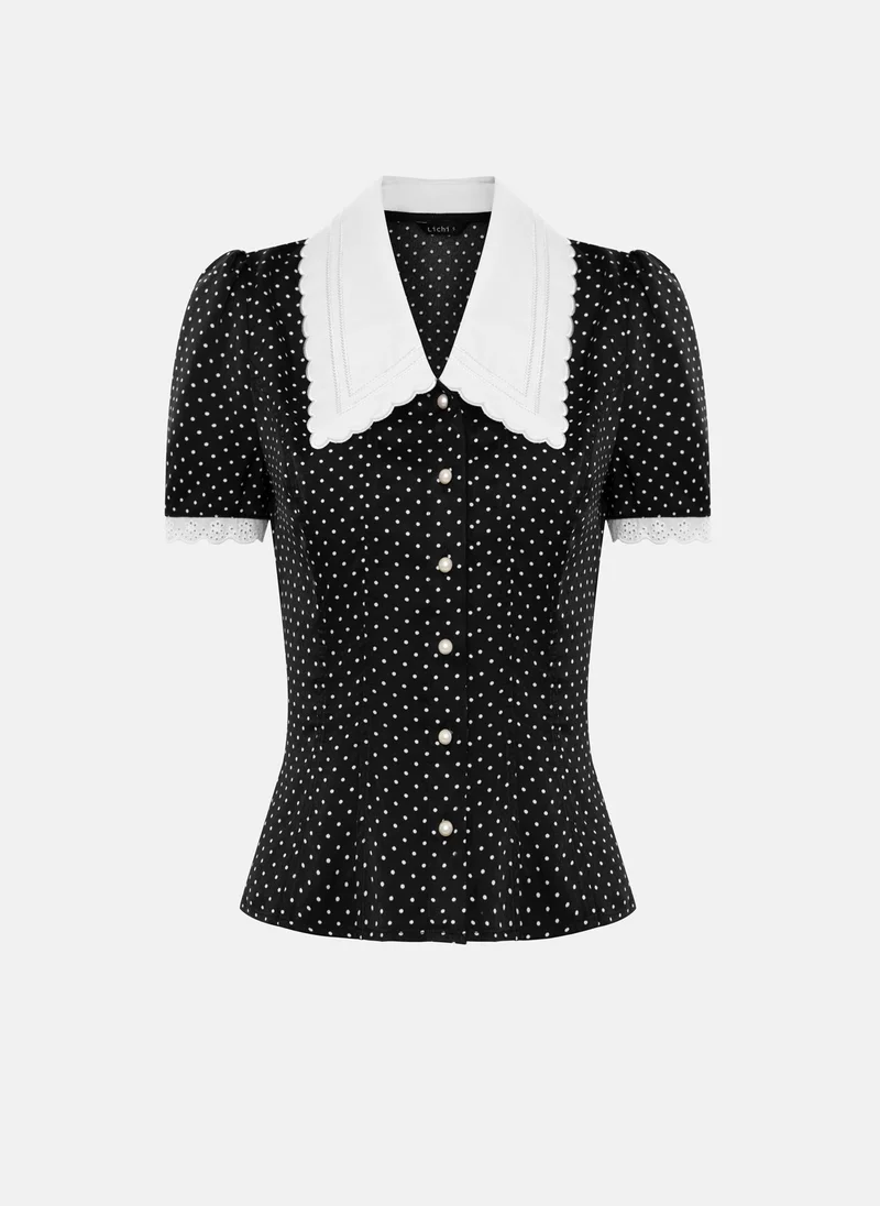 Lichi Polka dot blouse with a statement turn-down collar