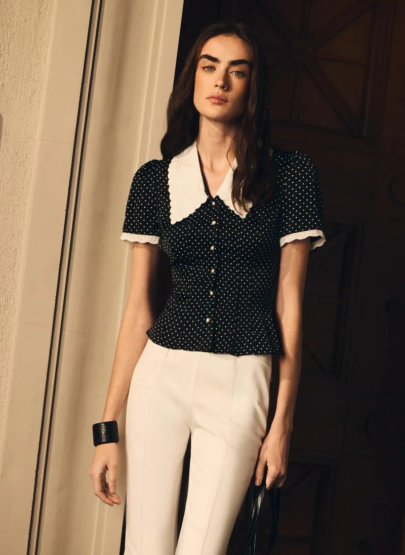 Lichi  Polka dot blouse with a statement turn-down collar for Women | Best Price UAE