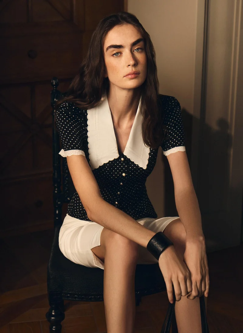 Lichi  Polka dot blouse with a statement turn-down collar for Women | Best Price UAE