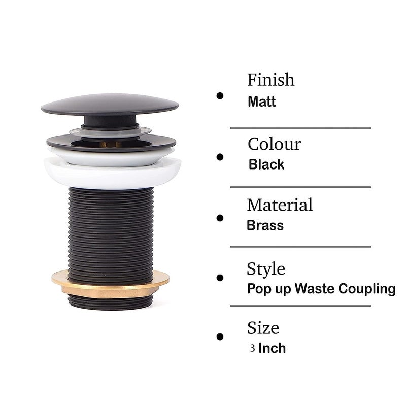 Spazio Black Finish Popup Basin DrainerWaste Coupling Pack of 2 Waste Coupling Bathroom Wash BasinVessel Sink 3 Inch Pop Up Flush Valve Faucet
