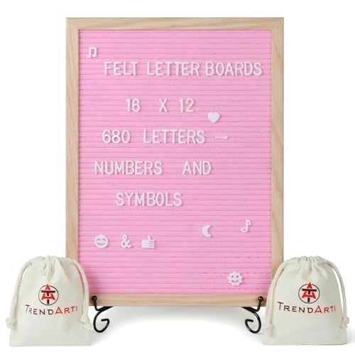 TrendArti Felt Letter Board - 680 Letters, Numbers & Symbols, 16 x 12 inch, Changeable Message Board for Notes & Announcements, Wood Frame, 2 Storage Bags, Light Brown Frame(Pink) - Image 1