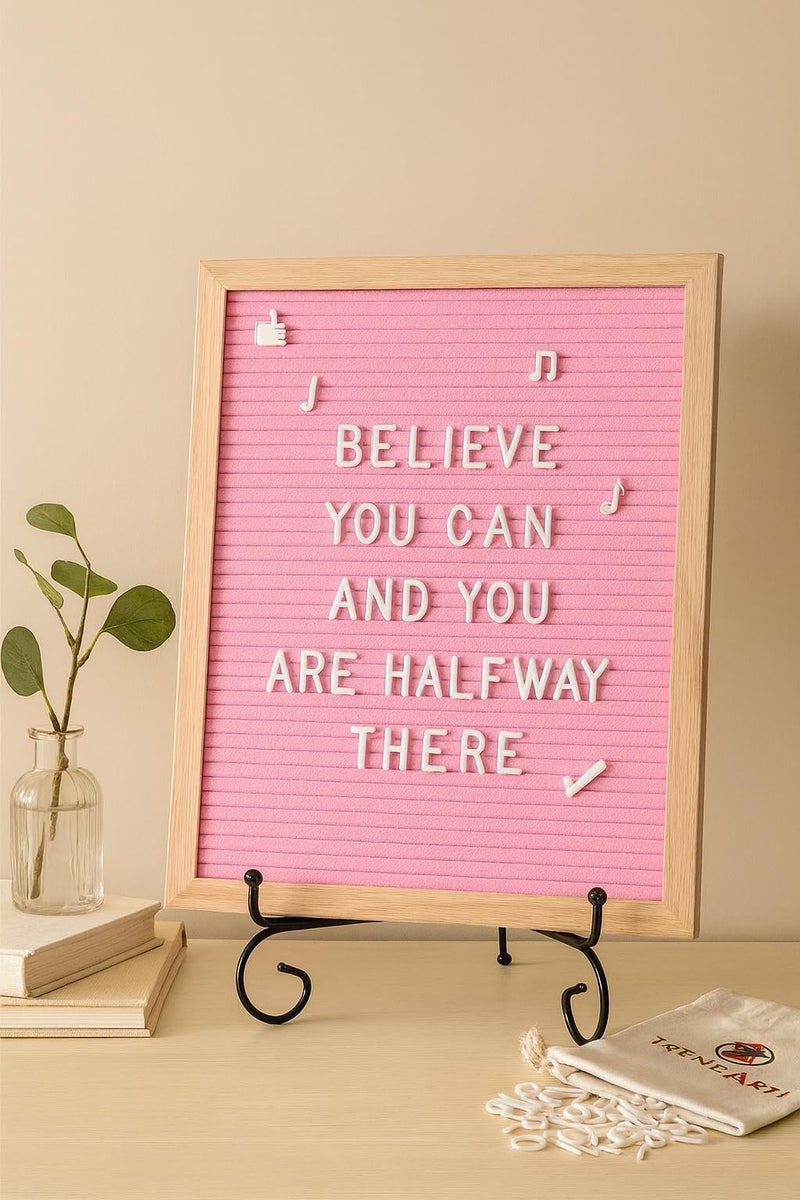 TrendArti Felt Letter Board - 680 Letters, Numbers & Symbols, 16 x 12 inch, Changeable Message Board for Notes & Announcements, Wood Frame, 2 Storage Bags, Light Brown Frame(Pink) - Image 2