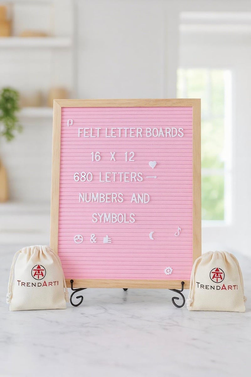 TrendArti Felt Letter Board - 680 Letters, Numbers & Symbols, 16 x 12 inch, Changeable Message Board for Notes & Announcements, Wood Frame, 2 Storage Bags, Light Brown Frame(Pink) - Image 4