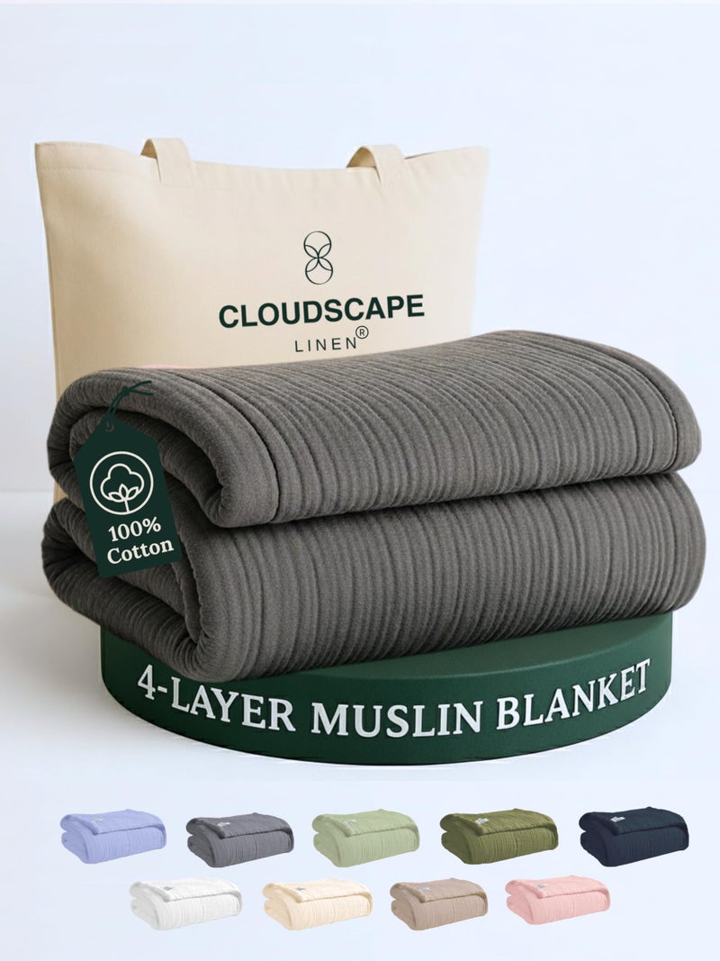 CloudScape Linen Cloud Scape Linen Oversized 4 Layer Muslin Blanket Twin Size - 100% Cotton, Lightweight & Breathable All Season Gauze, Pre-Washed, for Bed, Couch, fits Twin XL Bed,68x92, Dark Grey - Image 1