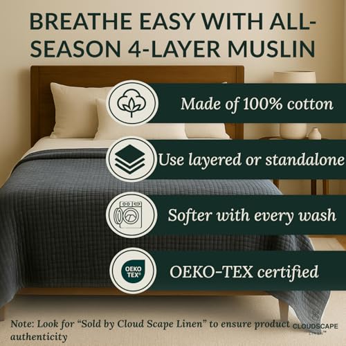 CloudScape Linen Cloud Scape Linen Oversized 4 Layer Muslin Blanket Twin Size - 100% Cotton, Lightweight & Breathable All Season Gauze, Pre-Washed, for Bed, Couch, fits Twin XL Bed,68x92, Dark Grey - Image 3