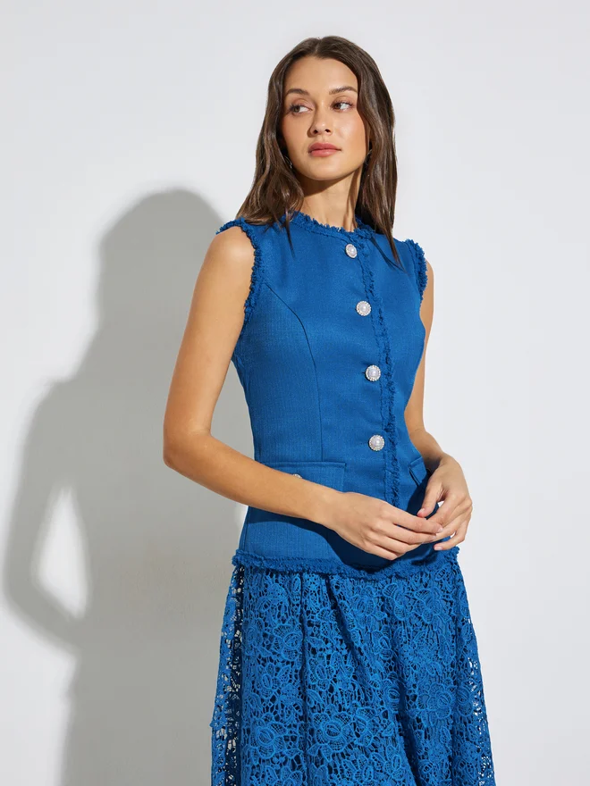 Styli Styli Blue Lace Sleeveless Blazer Maxi Dress