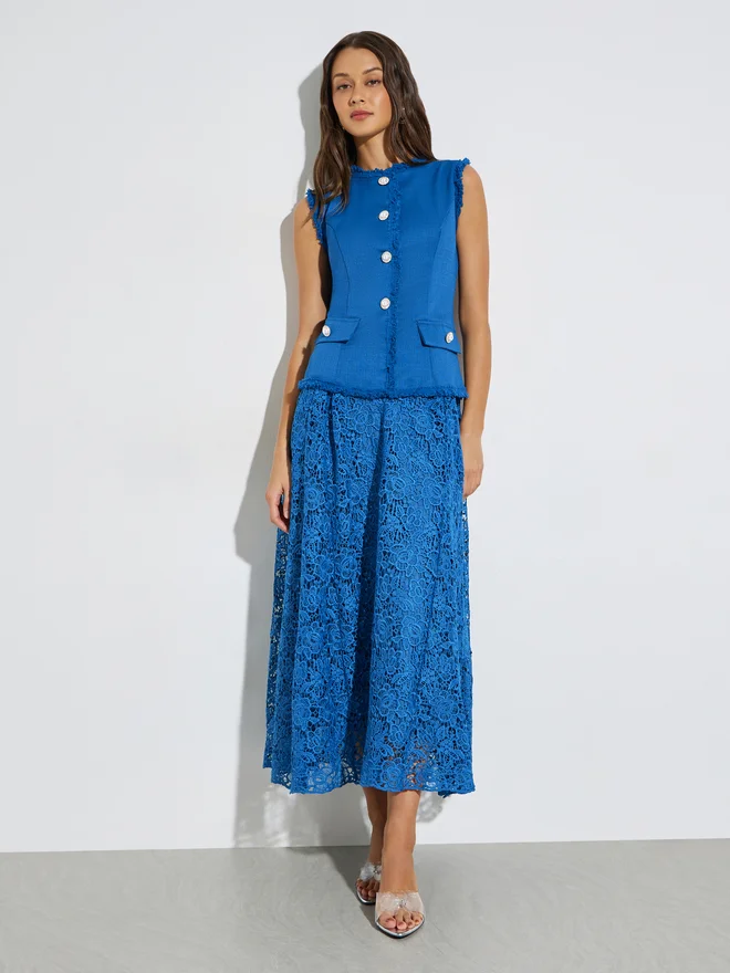 Styli Styli Blue Lace Sleeveless Blazer Maxi Dress
