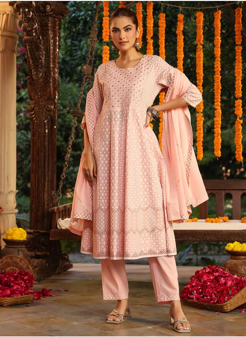 kolaba Pink Cotton Ethnic Motifs Anarkali Kurta 3Pc Set