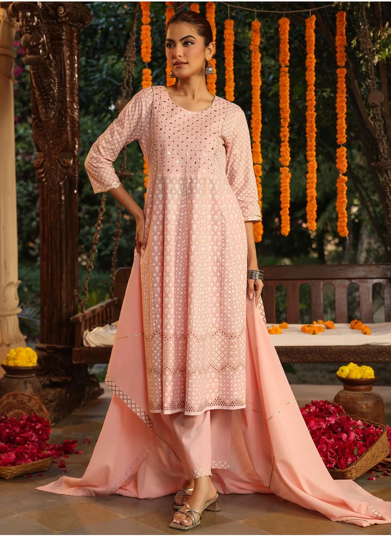 كولابا Pink Cotton Ethnic Motifs Anarkali Kurta 3Pc Set