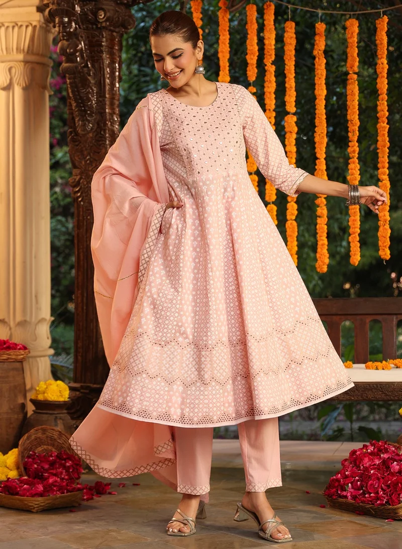 kolaba Pink Cotton Ethnic Motifs Anarkali Kurta 3Pc Set