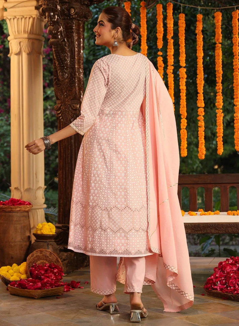 kolaba Pink Cotton Ethnic Motifs Anarkali Kurta 3Pc Set