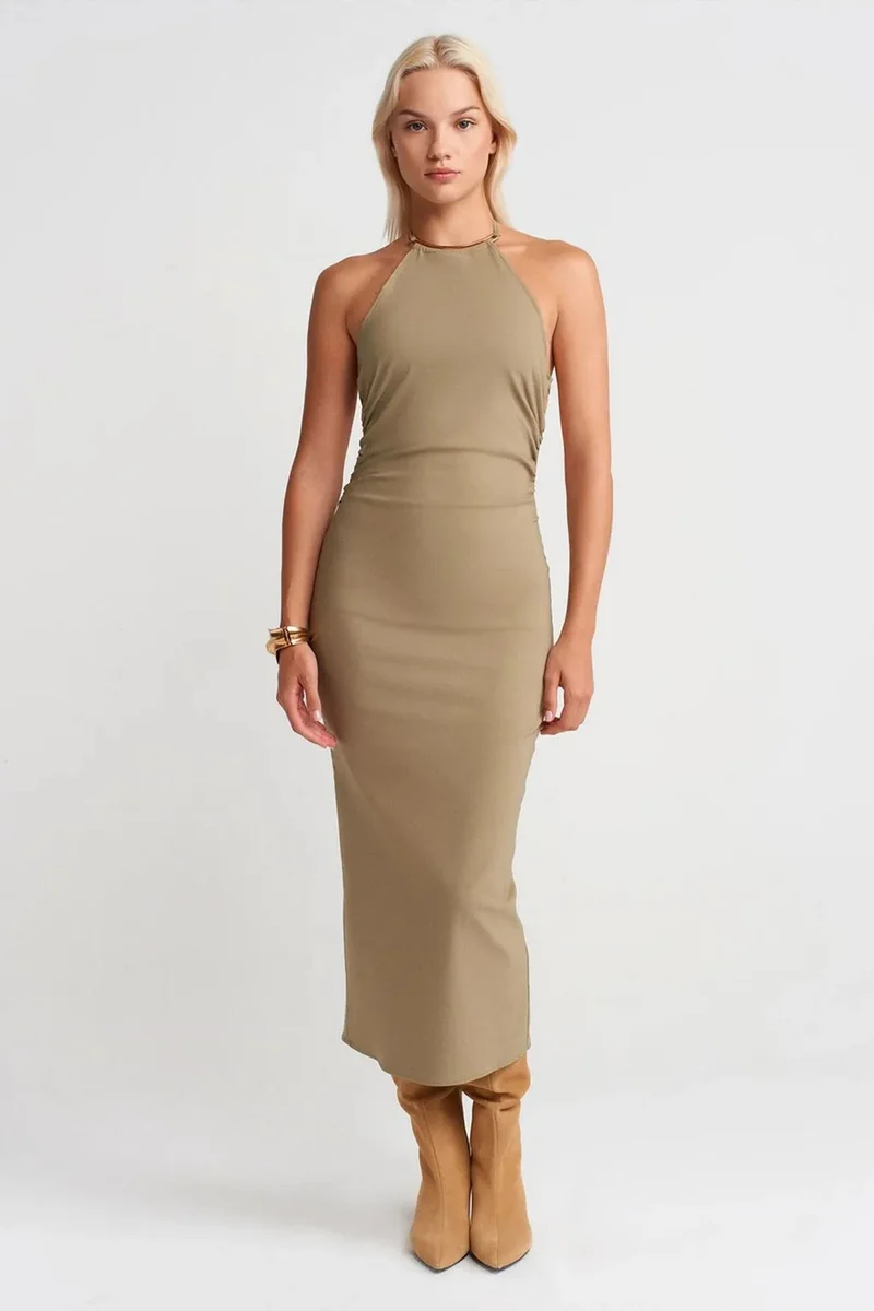 DILVIN Halter Neck Bodycon Midi Dress