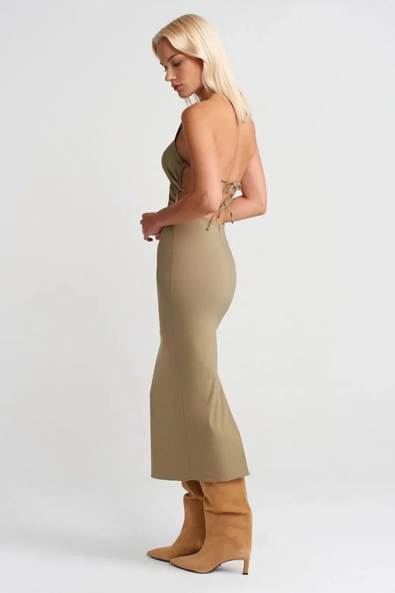 Dilvin Khaki Green DILVIN Halter Neck Bodycon Midi Dress for Women | Best Price UAE